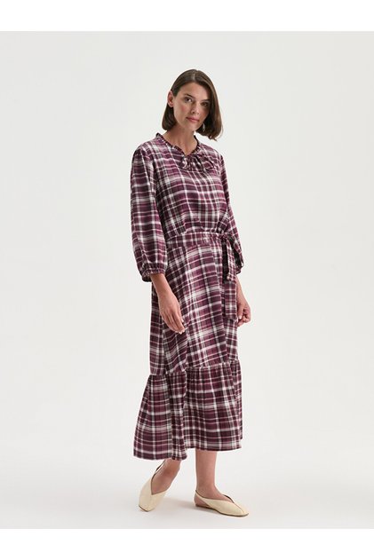Dress with Bow Collar and Check Pattern