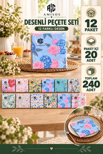12 Paket Desenli Kağıt Peçete Seti 20’li – 12 Farklı Desen Toplam 240 Adet