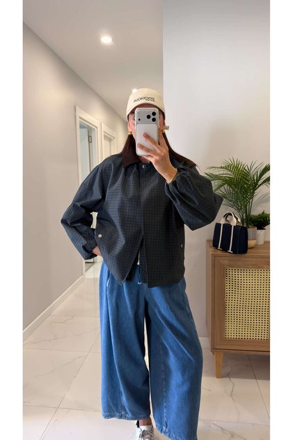 Ellinis Petrol Blue Checkered Velvet Collar Jacket