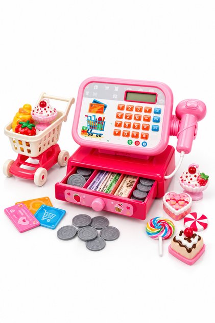 Pink Toy Cash Register and Market Cart Set - Educational Playhouse Toy with Barcode Scanner for Ages 3+