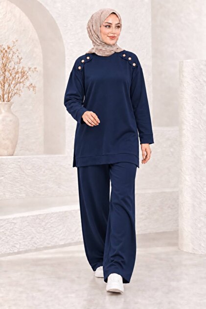Women's Hijab Shoulder Gold Buttoned Tunic Wide Leg Pants Double Set