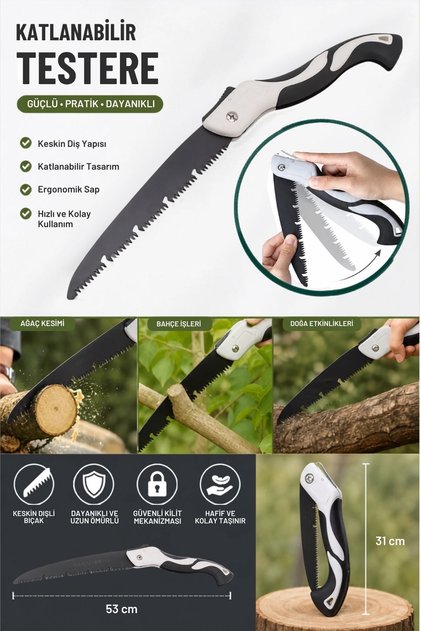 ® 53 cm Katlanır Testere, Büyük Boy, El Testeresi, Katlanabilir Budama ve Kesim Testeresi, Kam