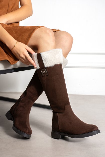 Kcl-Br023 Flat Heel Fur Below-Knee Boots