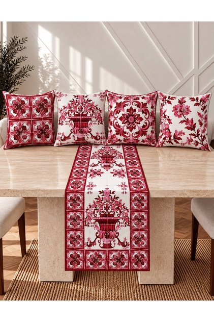 Suede Fabric, Double-Sided Printed 5-Piece Combination Throw Pillow Cover and Runner Set
