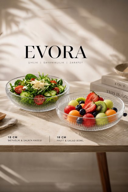 Evora - Set of 2 Transparent Glass Salad and Fruit Bowls - Serving Presentation 18 cm