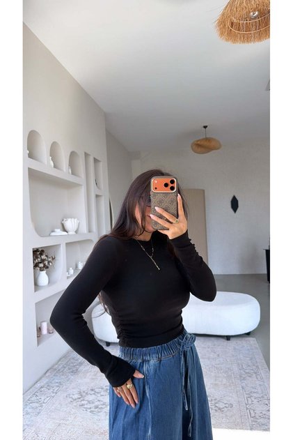 Black Side Gathered Long Sleeve Cotton Basic