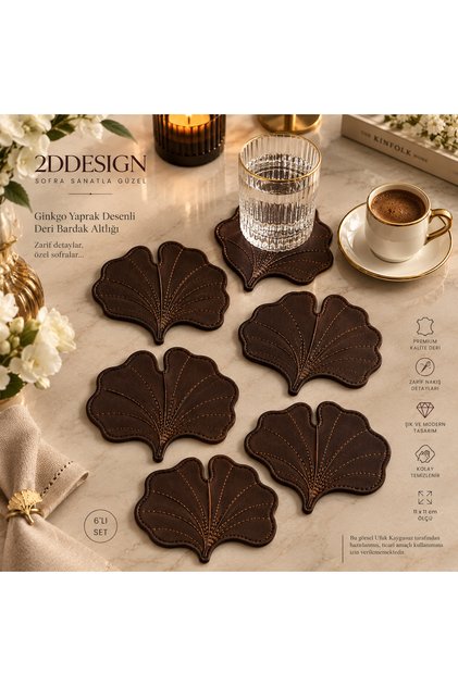 Ginkgo Yaprak Desenli Deri Bardak Altlığı 6’lı Set – Nakış Detaylı Dekoratif İçecek Nakışlı