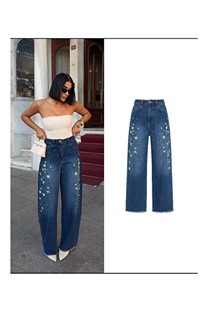 Taş detaylı bol paça jeans