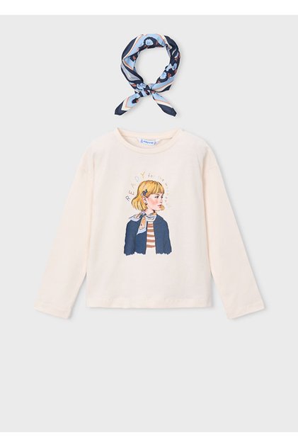 Girl's Long Sleeve T-Shirt with Scarf Ecru 4002