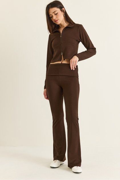Women's Bitter Coffee Modal Double Zipper Crop Cardigan Spanish Flare Pants Set 36051 60286544