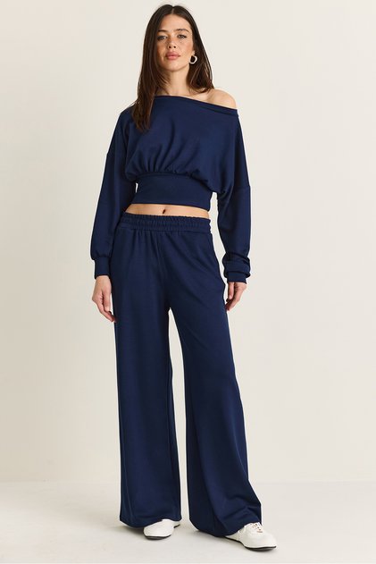 Women's Navy Blue Boat Neck Corseted Waist Crop Blouse Pocket Detailed Palazzo Trousers Modal Suit 36049 60286542