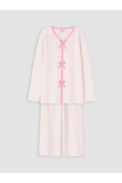 Kız Çocuk Pijama Takımı Kalp Desenli Çizgili Fiyonk Detaylı Uzun Kollu Rahat 2 Parça