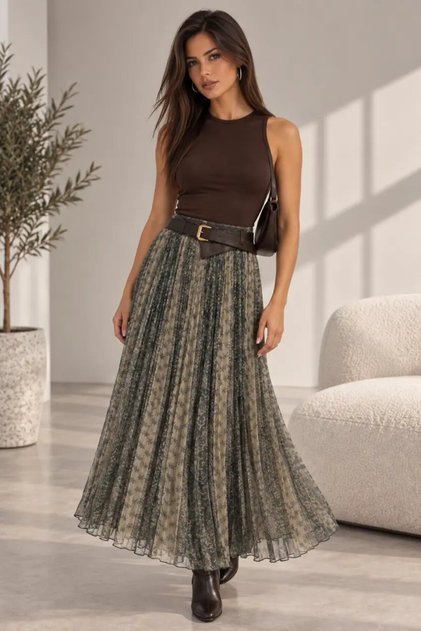 Belted Patterned Pleated Long Women's Skirt