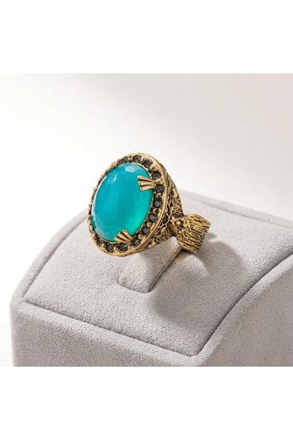 Bronze Women's Ring Authentic Copper Jewelry Lavina Turquoise Zircon Stone Adjustable Vintage