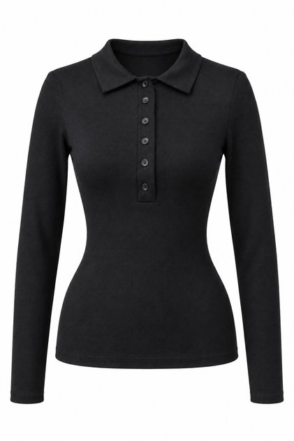 2246 Women's Polo Collar Buttoned Long Sleeve Slim Fit Blouse Black