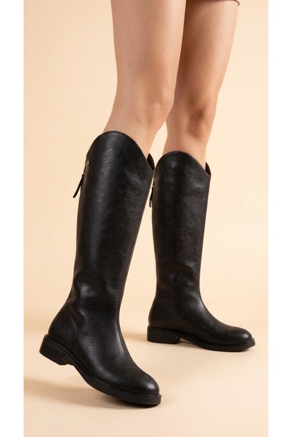 Women's Leather Look Short Heeled Below the Knee Boots with Back Zipper