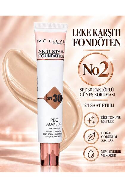 MC ELLYN Anti Stain Foundation SPF 30 Faktörlü Güneş Koruyuculu – Leke Karşıtı Fondöten NO.:02