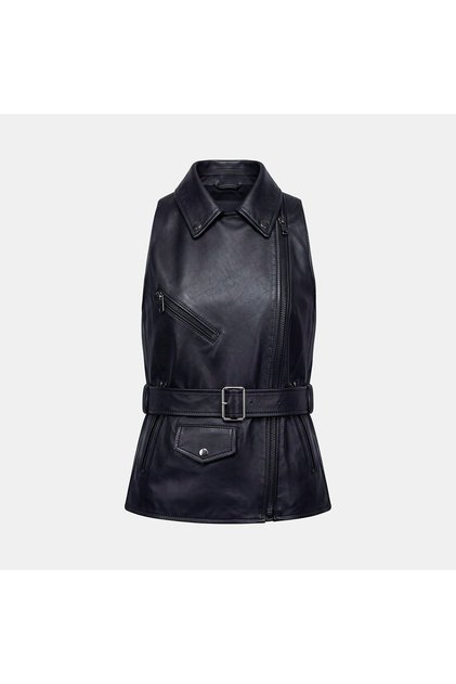 Women's Black Belted Biker Leather Vest