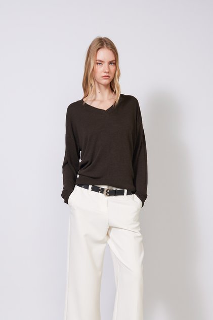 V-Neck Basic Thin Knitted Blouse Brown
