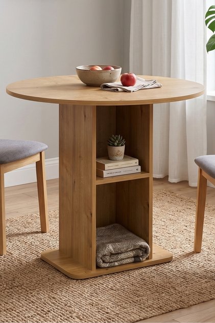 LAGOM 90 cm 4 Kişilik Yuvarlak Mutfak Masası – Raflı Kompakt Yemek Masası