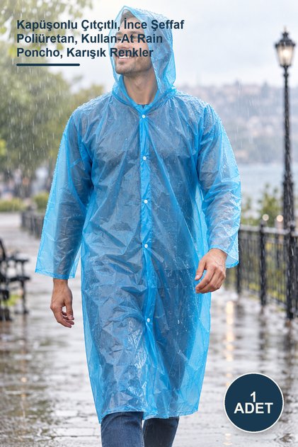 1 Piece Disposable Raincoat – with Hood and Snap Fasteners, Thin Transparent Polyurethane, Disposable Rain Poncho, Mixed Colors
