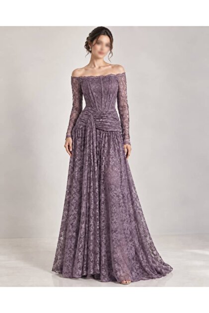 Purple Long Lace Evening Dress Off Shoulder Party Gown