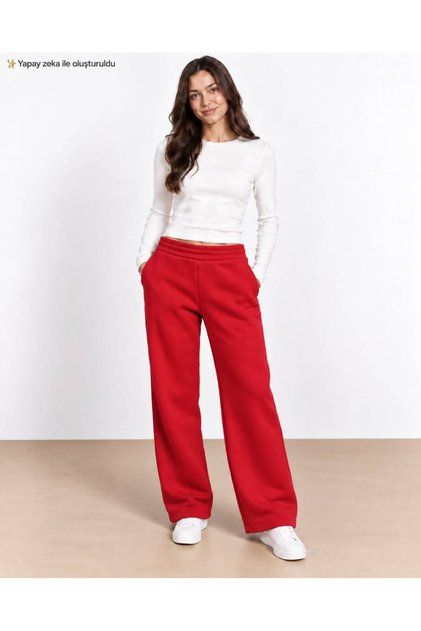 Kadın 3 İplik Wide Leg Sweatpants - Yüksek Bel Salaş Örme Eşofman Altı