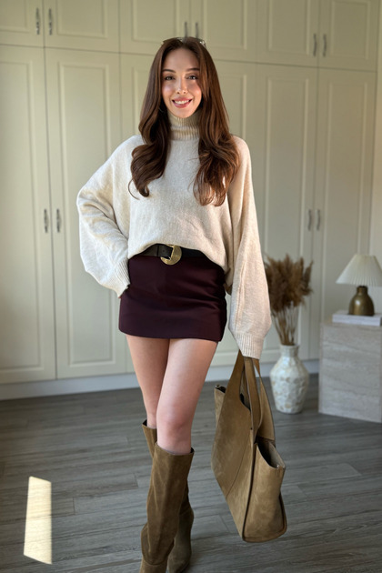 Turtleneck Bat Sleeve Beige Knitwear Sweater
