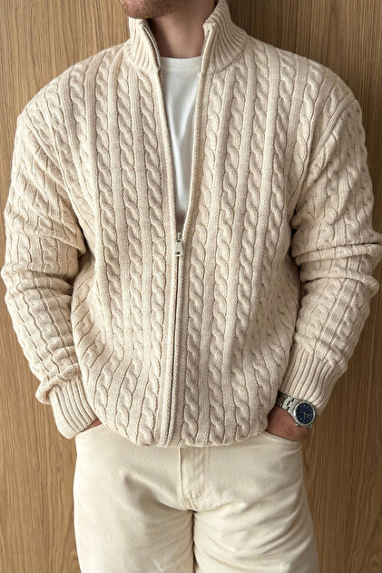 Tabat Hair Knit Double Zipper Stand Collar Regular Fit Men's Knitwear Cardigan