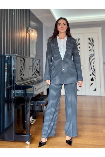Gri Çizgili Premium Pantolon Ceket Takım