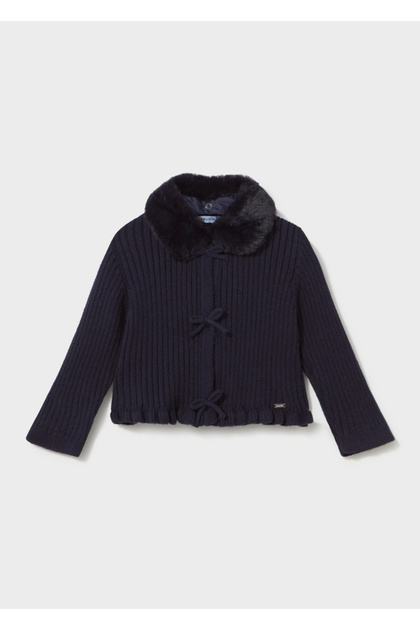 Baby Girl Plush Collared Knitted Cardigan Navy Blue 2386