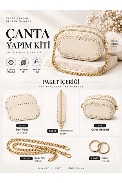 Çanta Yapım Kiti 27x12 cm Deri Tabanlı – 35cm Fermuar Kiti, 120 cm Gold Zincir Askı ve Metal Halka