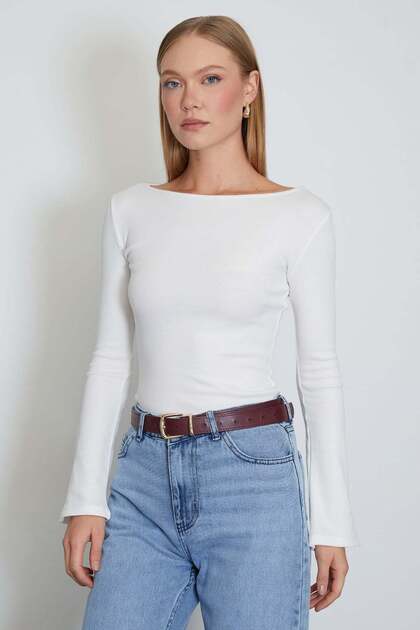Ribbed Boat Neck Flare Sleeve Slim Fit Blouse