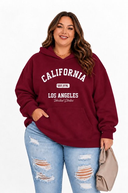 Kadın Büyük Beden 3 İplik Yazı Baskılı Hoodie – Kapüşonlu Rahat Kesim