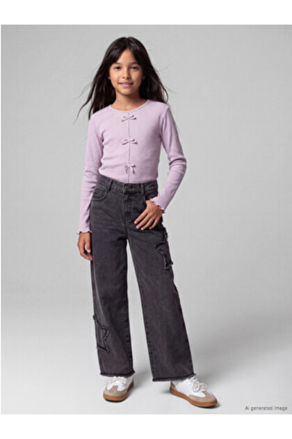 Black Wideleg Embroidered Girls' Jean Pants