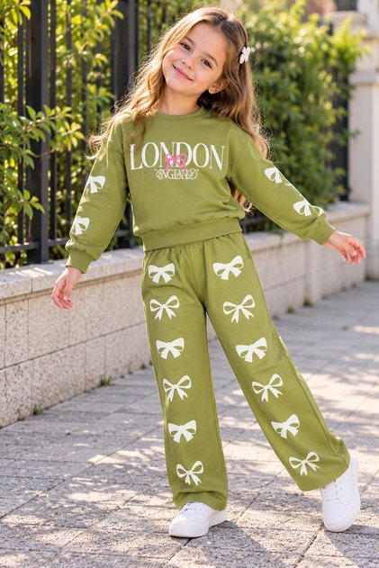 Girls' Tracksuit Set – London Print Sweatshirt and Pants with Bow, Casual Sportswear Set
