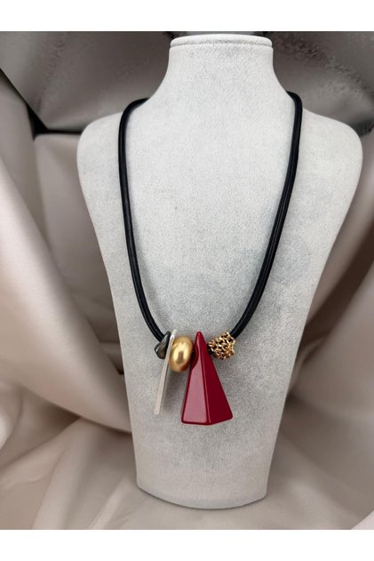 Red Geometric Statement Necklace – Modern and Original Design Women's Necklace with Gold Detail on Black Cord