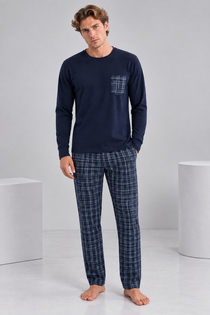 Men's Navy Blue Plaid Pants and Pocket Long Sleeve Pajama Set