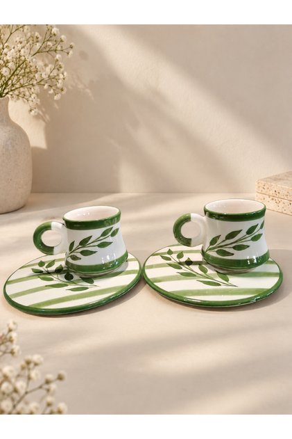 Leaf Patterned Handmade Ceramic Serving Tray Khaki 2-Piece Coffee Cup Set