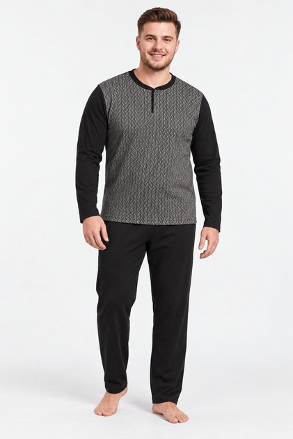Big Size Men's Pajama Set, 100% Cotton, Jacquard, Buttoned Collar, Interlock, Long Sleeve, Black