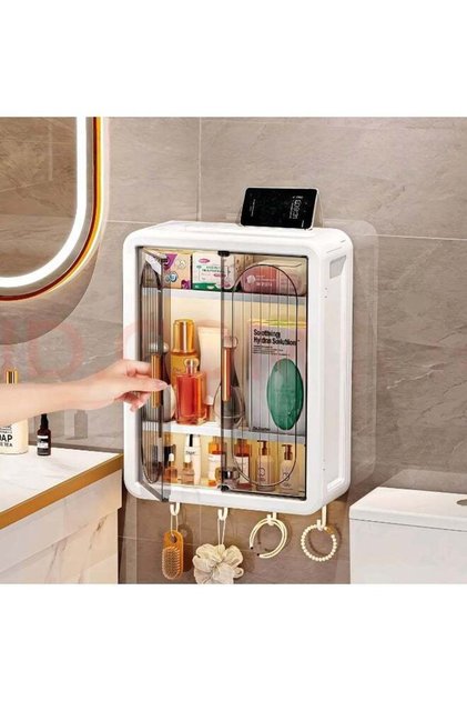 1pc Wall-Mounted Bathroom Storage Cabinet with Cosmetic Organizer - Space-Saving Over Sink/Shower S