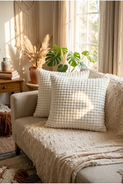 Spotted Pattern |   Soft Embossed Textured Cream 2-Piece Throw Pillow Cover |   Bohemian Punch Sofa Cushion Cover, Throw Pillow Cover