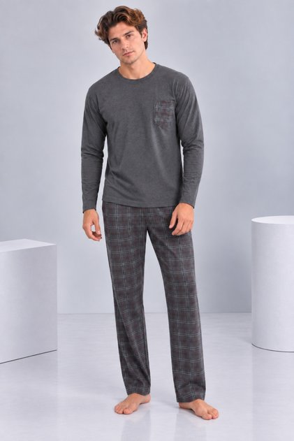 Men's Anthracite Gray Plaid Pants and Pocketed Long Sleeve Pajama Set