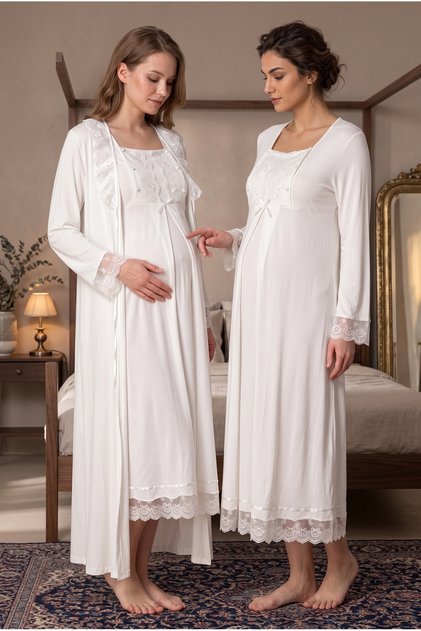 Women's Ecru Lace Maternity Nightgown Set with Nursing Features and Robe