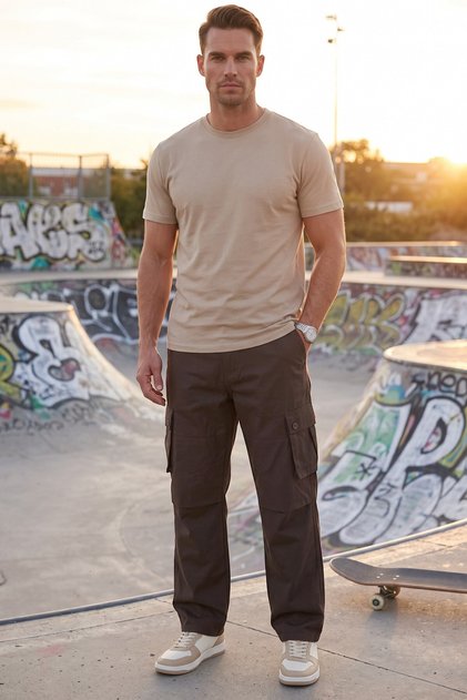 Men's Relaxed Fit Loose Cut Lycra Dark Brown Outdoor Cargo Pants – Multi-Pocket Wide Leg 1705421