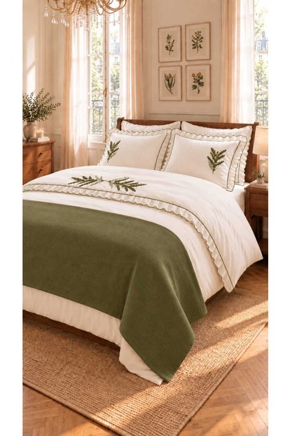 Trigo Khaki Green Floral Embroidered Cotton Duvet Cover Set 7 Piece Modern Double Set with Runner