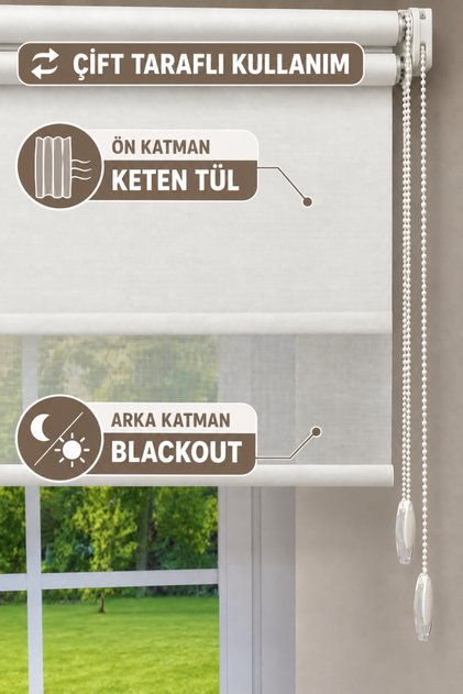 Çift Mekanizmalı Blackout Stor ve Keten Tül Perde Beyaz | Özel Ölçü