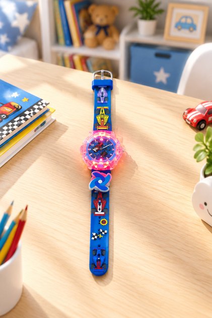 Children's Wristwatch with Light and Rotating Figure, Racing Car Themed, Blue Color Silicone Strap (Without Box)