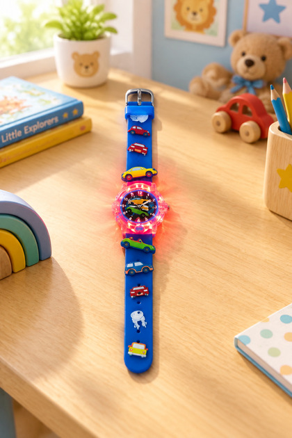 Lighted Children's Wristwatch Colorful Cars Themed Blue Color Silicone Strap Educational Dial (Without Box)