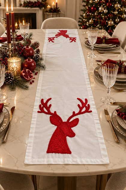 New Year's Deer Figure Embroidered Premium Runner – 40 × 140 cm | New Year's Table & Invitation Table